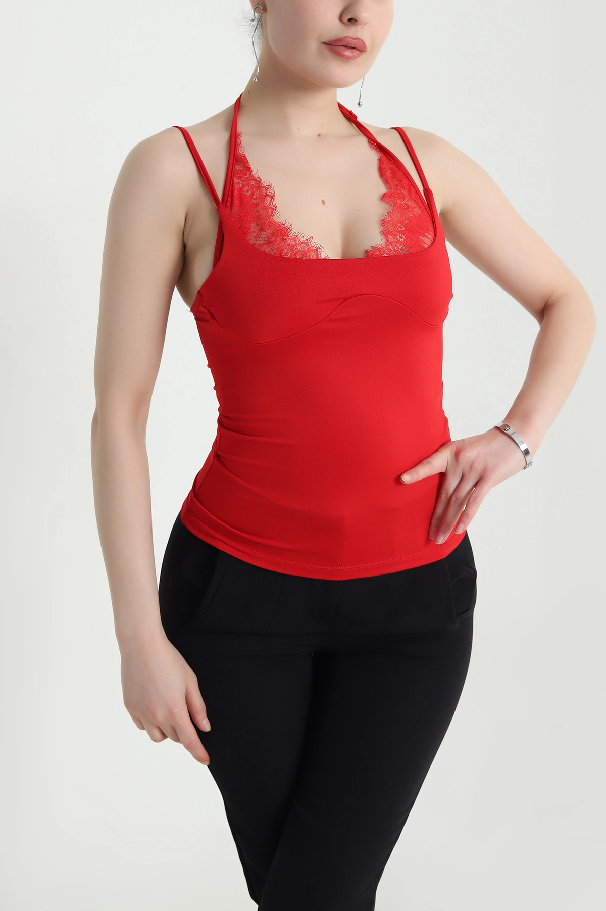 Kırmızı Dantelli İp Askılı Scuba Kadın Atlet 454739