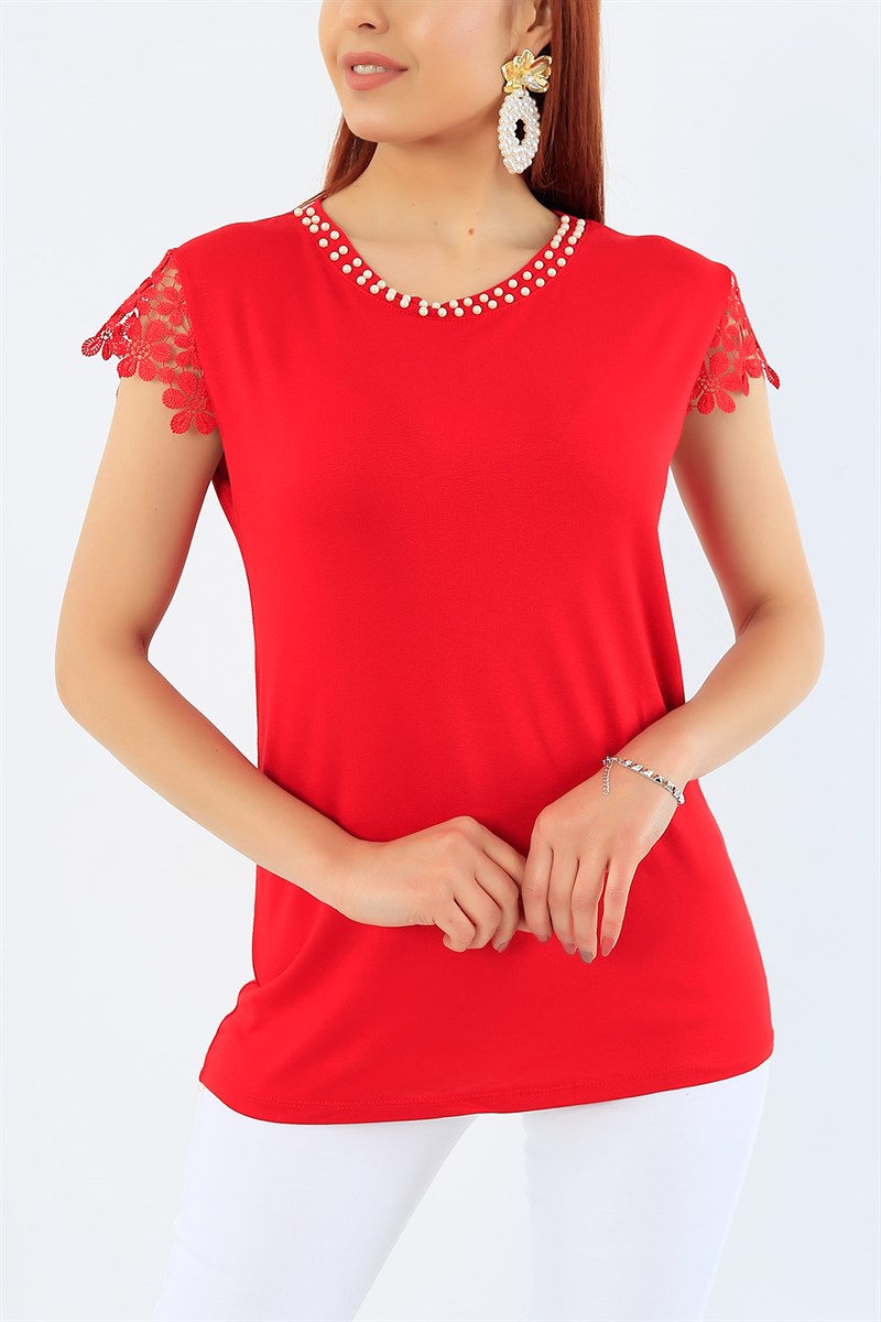 Kırmızı Dantelli Omuz İncili Yaka Bluz 31854