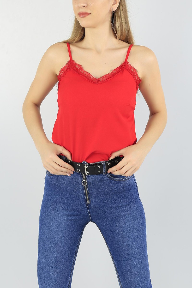 Kırmızı Dantelli Yaka Bayan Atlet 56904