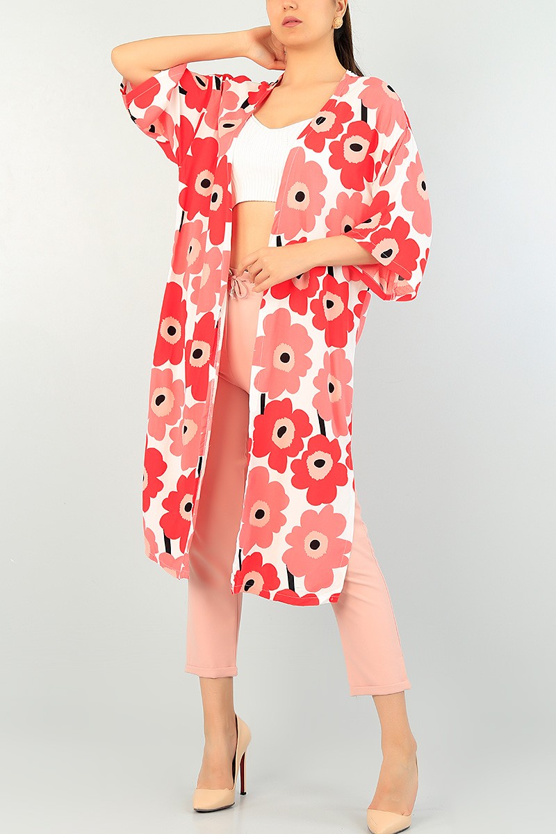 Kırmızı Desenli Dokuma Viskon Kimono 69953