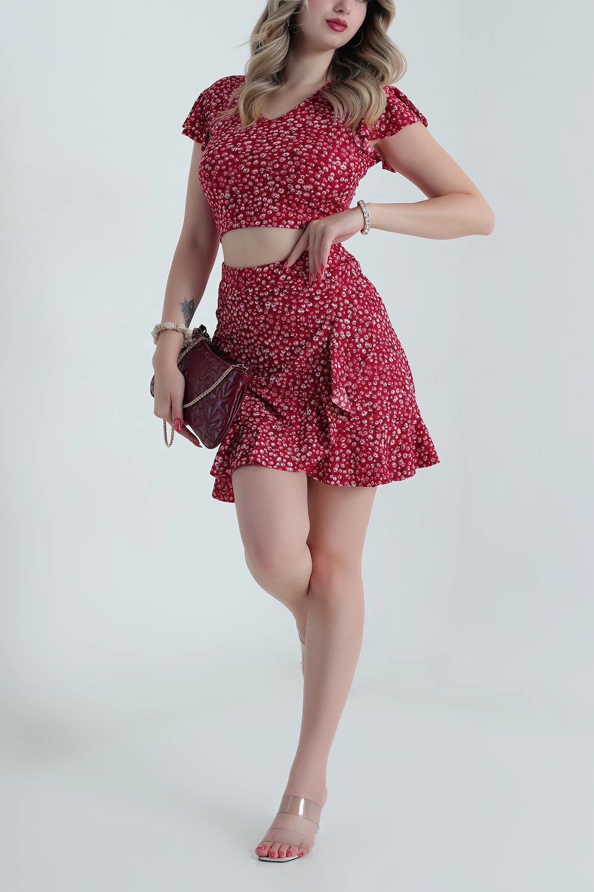 Kırmızı Desenli Helen Kadın İkili Takım 481608