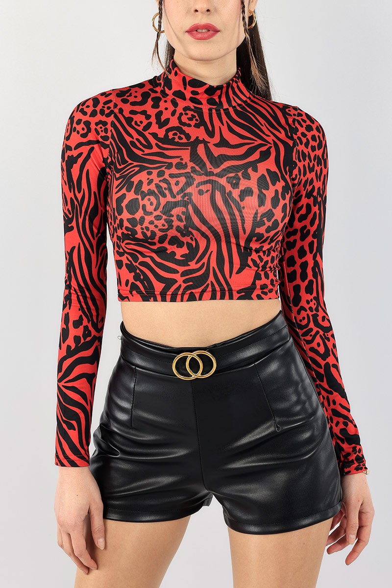 Kırmızı Dik Yaka Crop bluz 92746