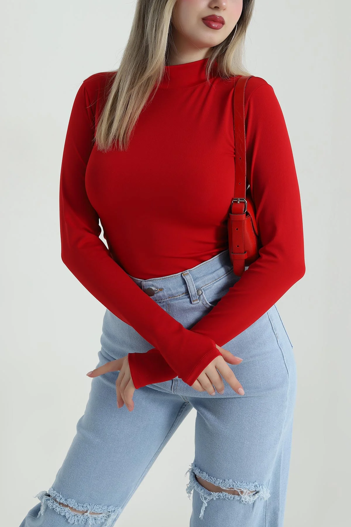 Kırmızı Dik Yaka Dalgıç Kadın Bluz 487339