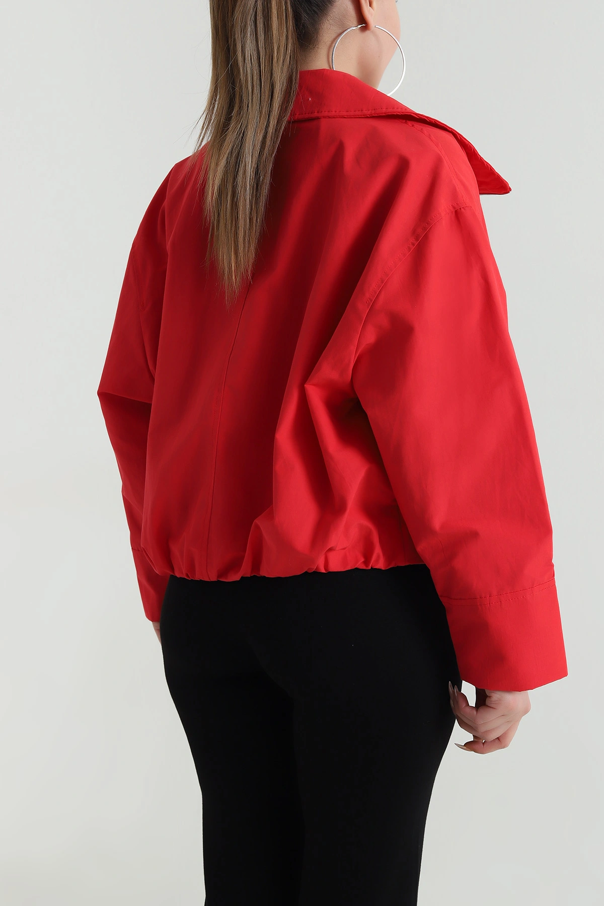 Kırmızı Dik Yaka Fethiye Kumaş Kadın Bomber Mont 490553