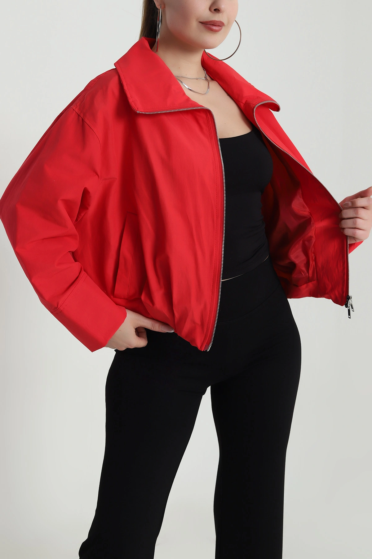 Kırmızı Dik Yaka Fethiye Kumaş Kadın Bomber Mont 490553