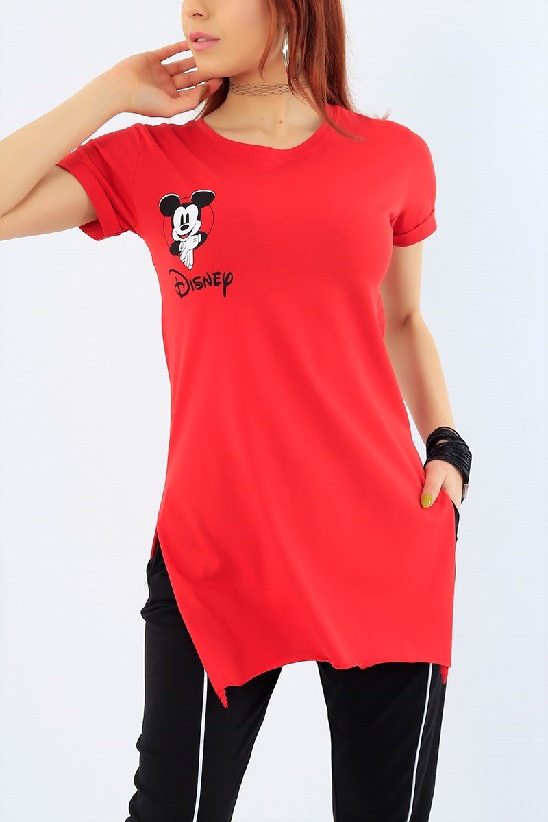 Kırmızı Disney Baskılı Bayan Tişört 31744
