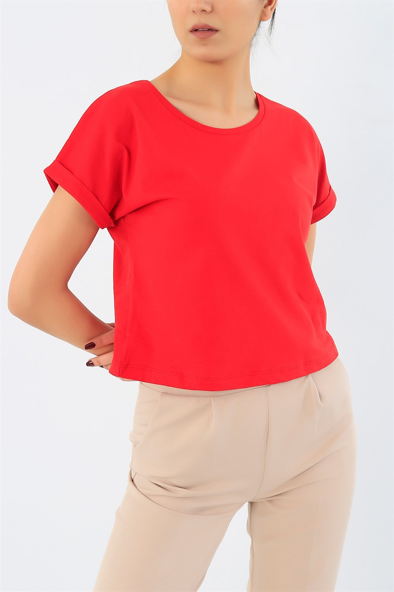Kırmızı Duble Kol Crop Tişört 29697B