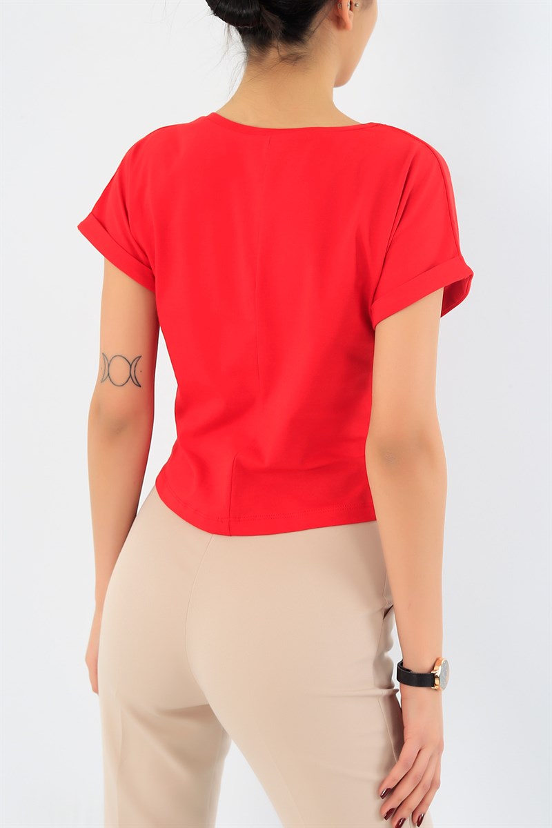 Kırmızı Duble Kol Crop Tişört 29697B