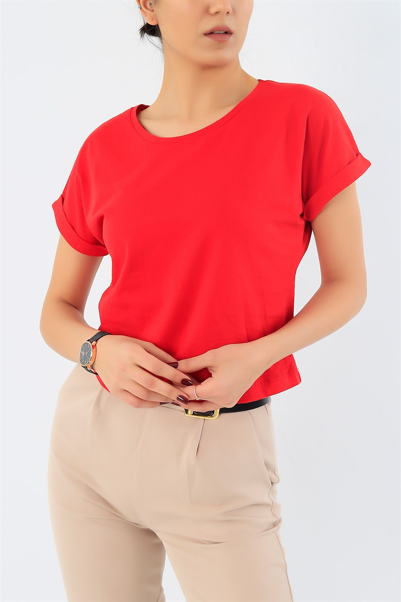 Kırmızı Duble Kol Crop Tişört 29697B