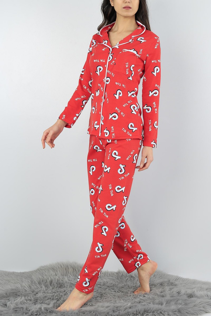 Kırmızı Düğmeli Bayan  Baskılı Pijama Takımı 54940