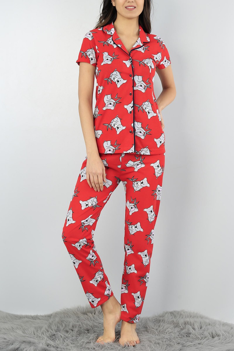 Kırmızı Düğmeli Bayan  Baskılı Pijama Takımı 54959