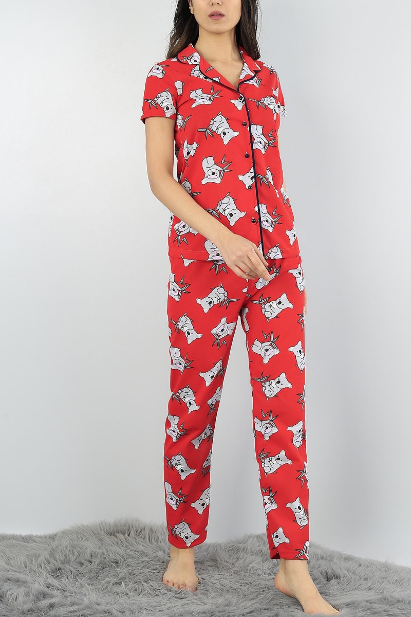 Kırmızı Düğmeli Bayan  Baskılı Pijama Takımı 54959