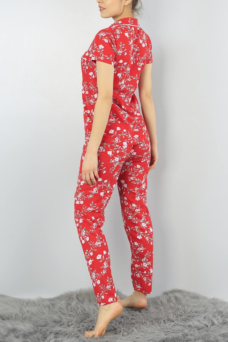 Kırmızı Düğmeli Bayan Baskılı Pijama Takımı 54964