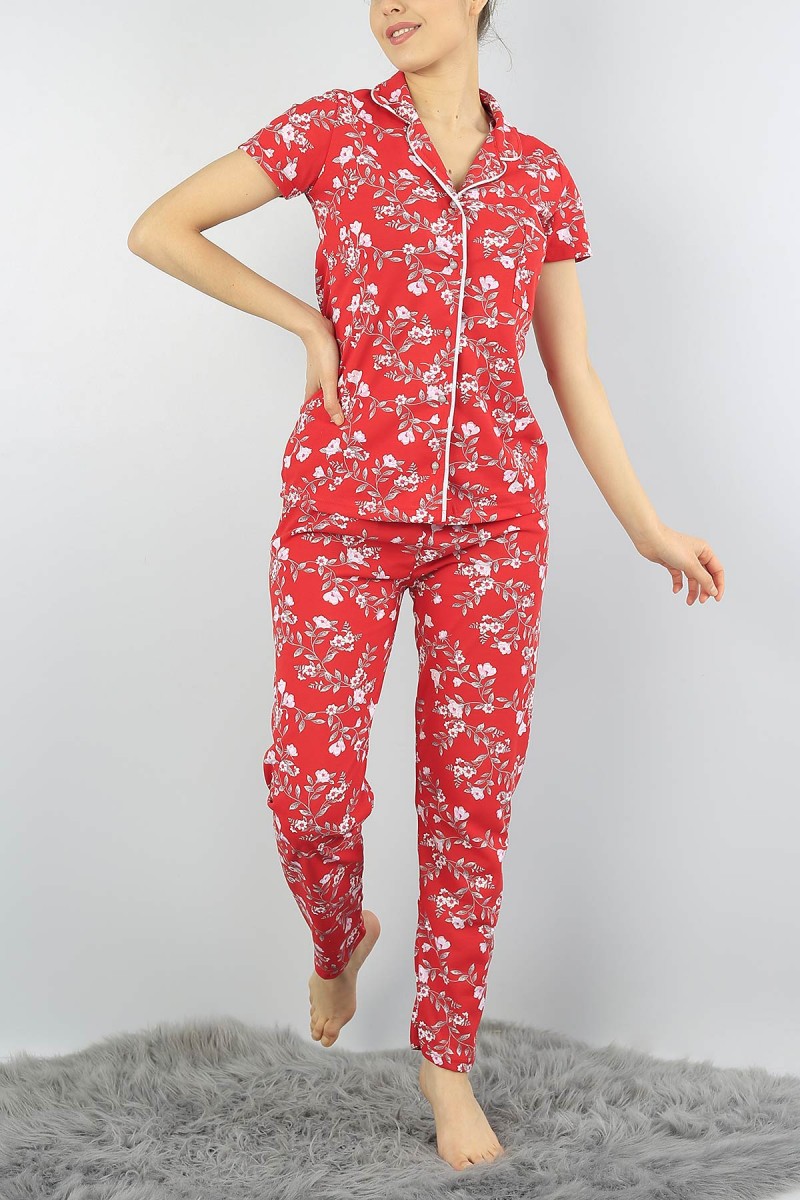 Kırmızı Düğmeli Bayan Baskılı Pijama Takımı 54964