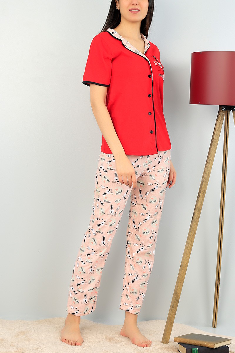 Kırmızı Düğmeli Bayan Pijama Takımı 64943