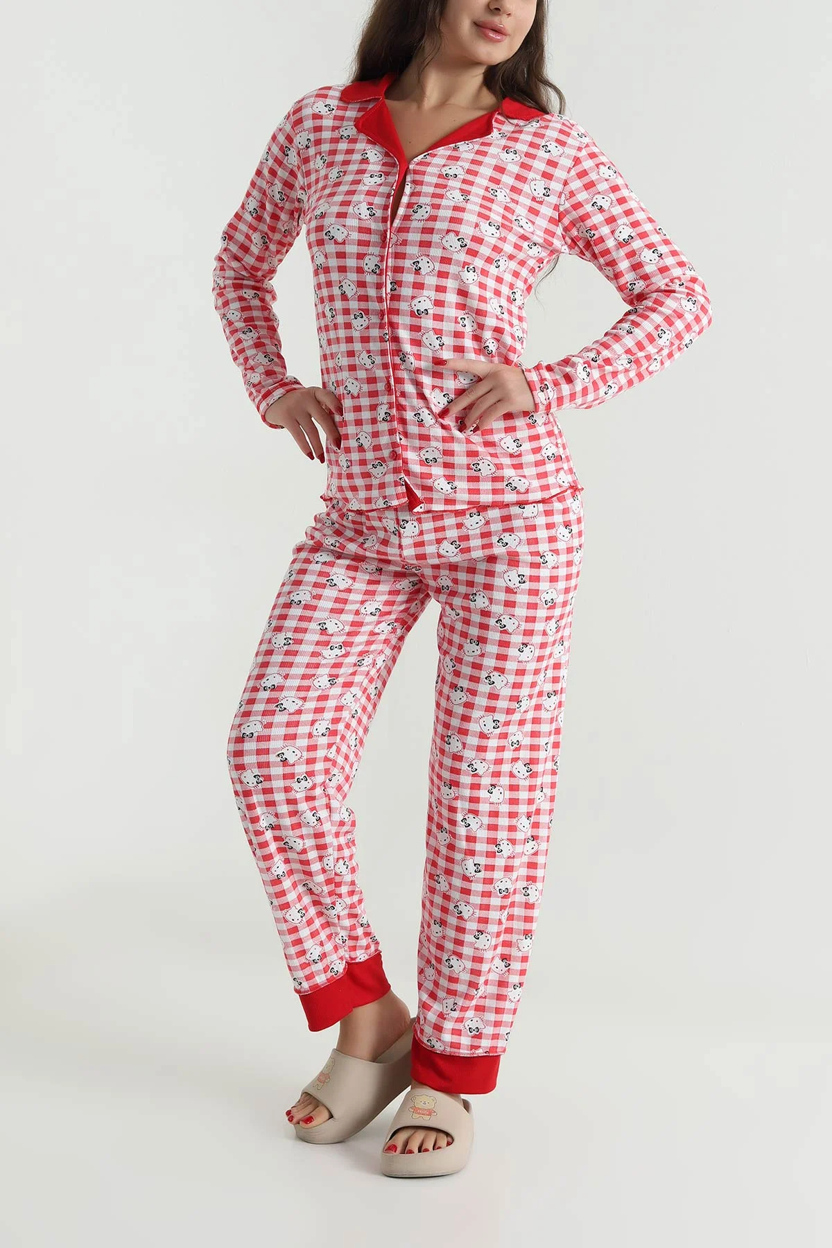 Kırmızı Düğmeli Berlin Kadın Pijama Takımı 494679