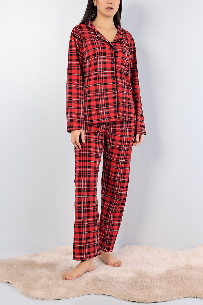 Kırmızı Düğmeli Ekose Bayan Pijama Takımı 76921