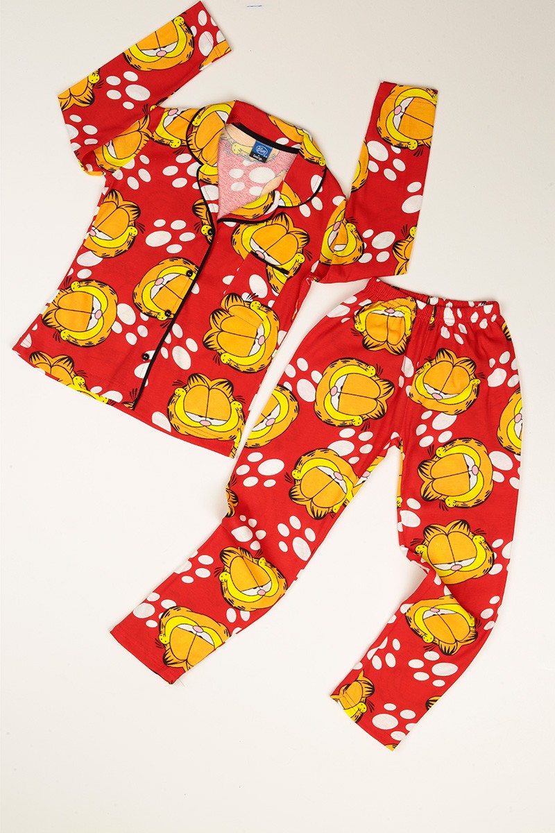Kırmızı Düğmeli Kız Çocuk Pijama Takımı 77890