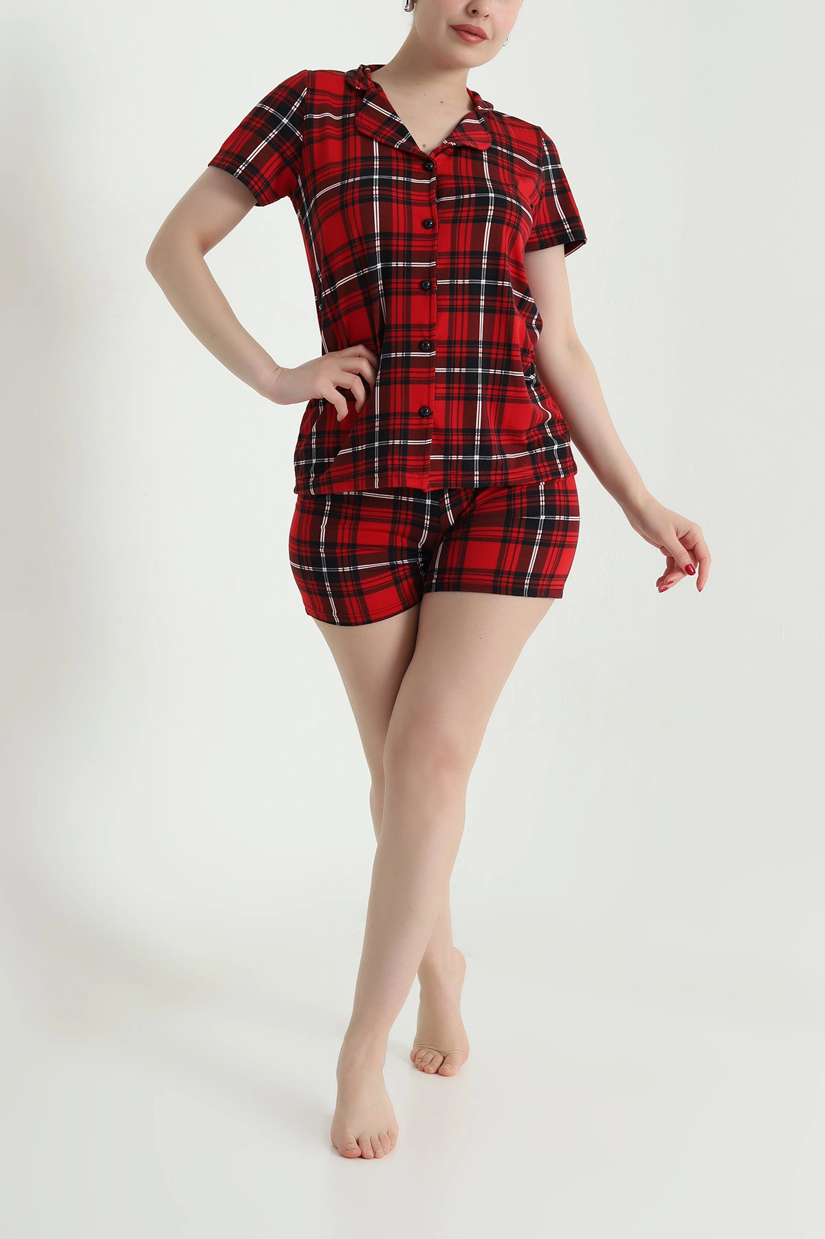 Kırmızı Ekose  Desen Kadın Şortlu Pijama Takımı 466608