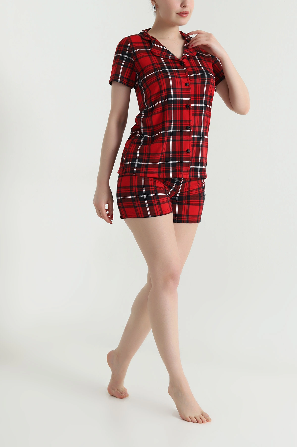 Kırmızı Ekose  Desen Kadın Şortlu Pijama Takımı 466608