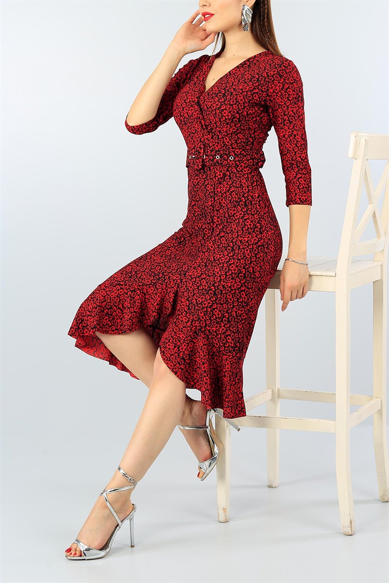 Kırmızı Eteği Volanlı Desenli Elbise 40083