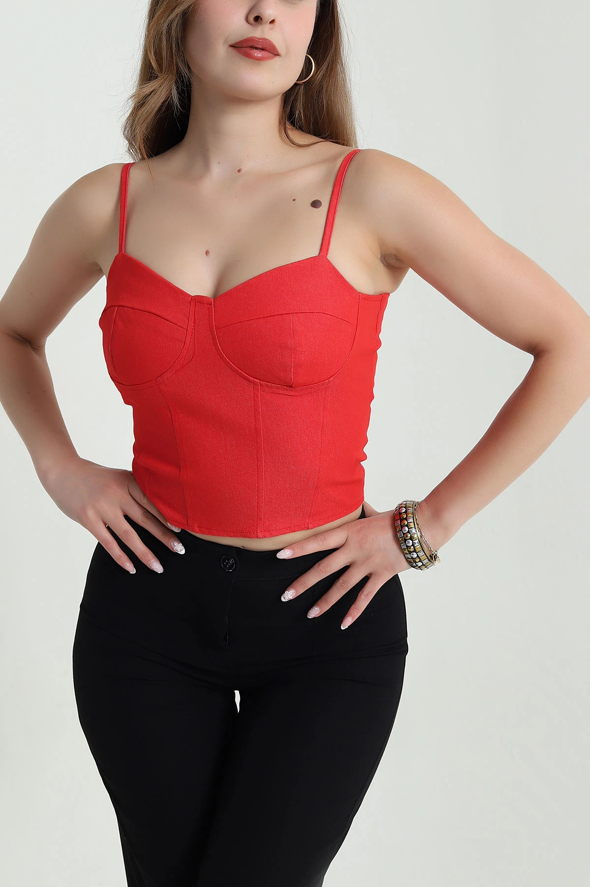 Kırmızı Fermuarlı İp Askılı Kadın Kot Büstiyer 479146