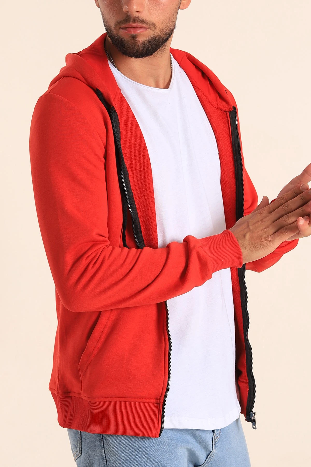 Kırmızı Fermuarlı Kapüşonlu Erkek Sweatshirt 236550