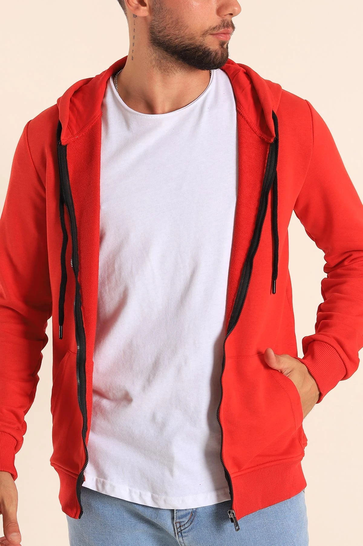 Kırmızı Fermuarlı Kapüşonlu Erkek Sweatshirt 236550