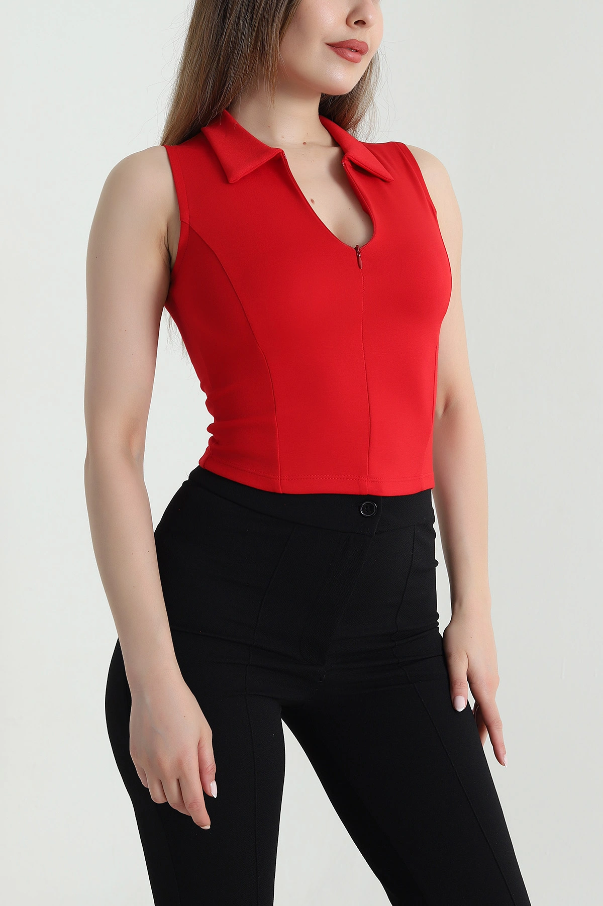 Kırmızı Fermuarlı Polo Yaka Oysho Kadın Bluz 471650