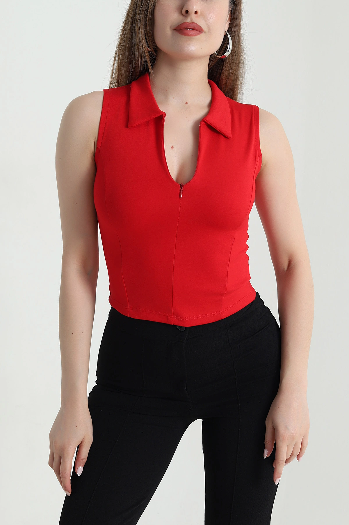 Kırmızı Fermuarlı Polo Yaka Oysho Kadın Bluz 471650