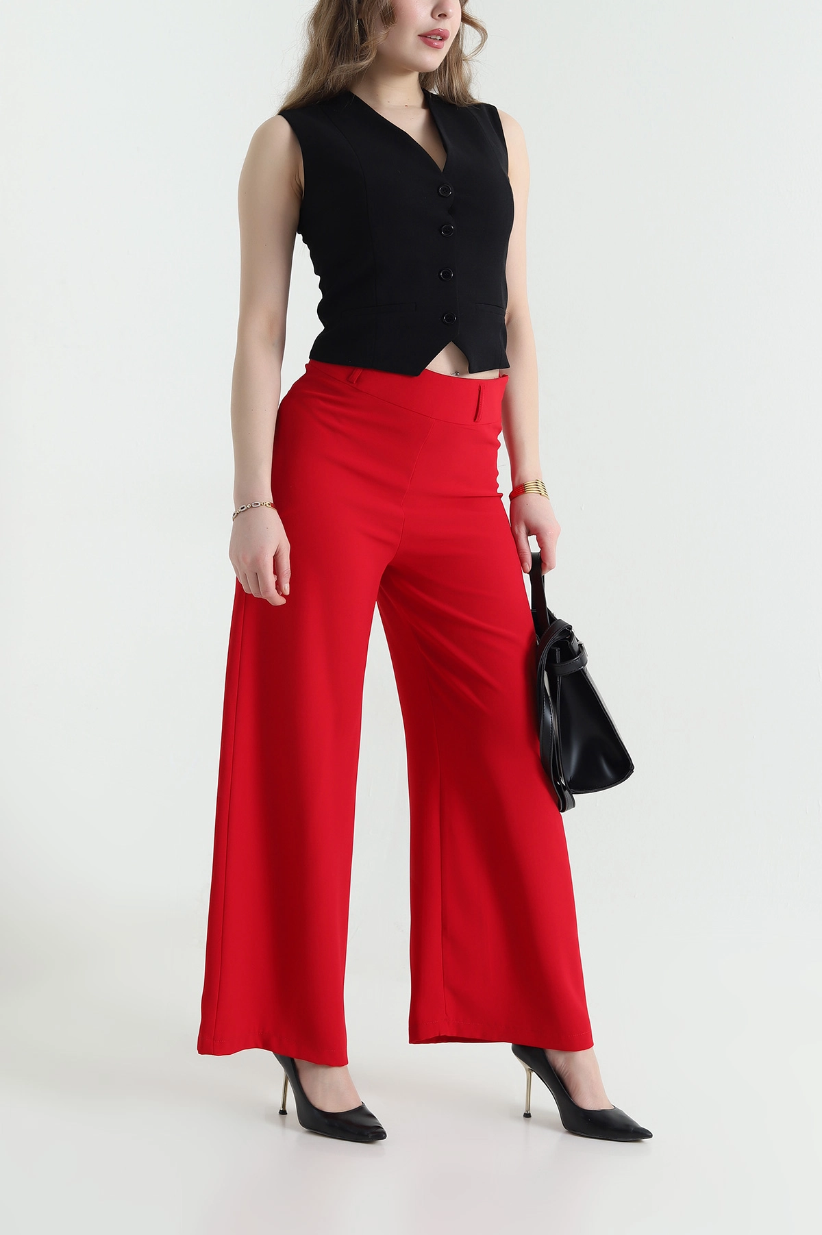 Kırmızı Fermuarlı Tencel Crep Kadın Pantolon 440764