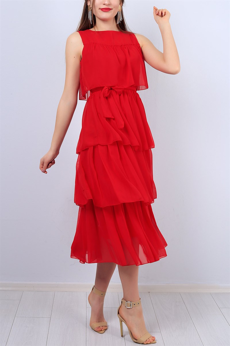Kırmızı Fırfırlı Bayan Şifon Elbise 12465B
