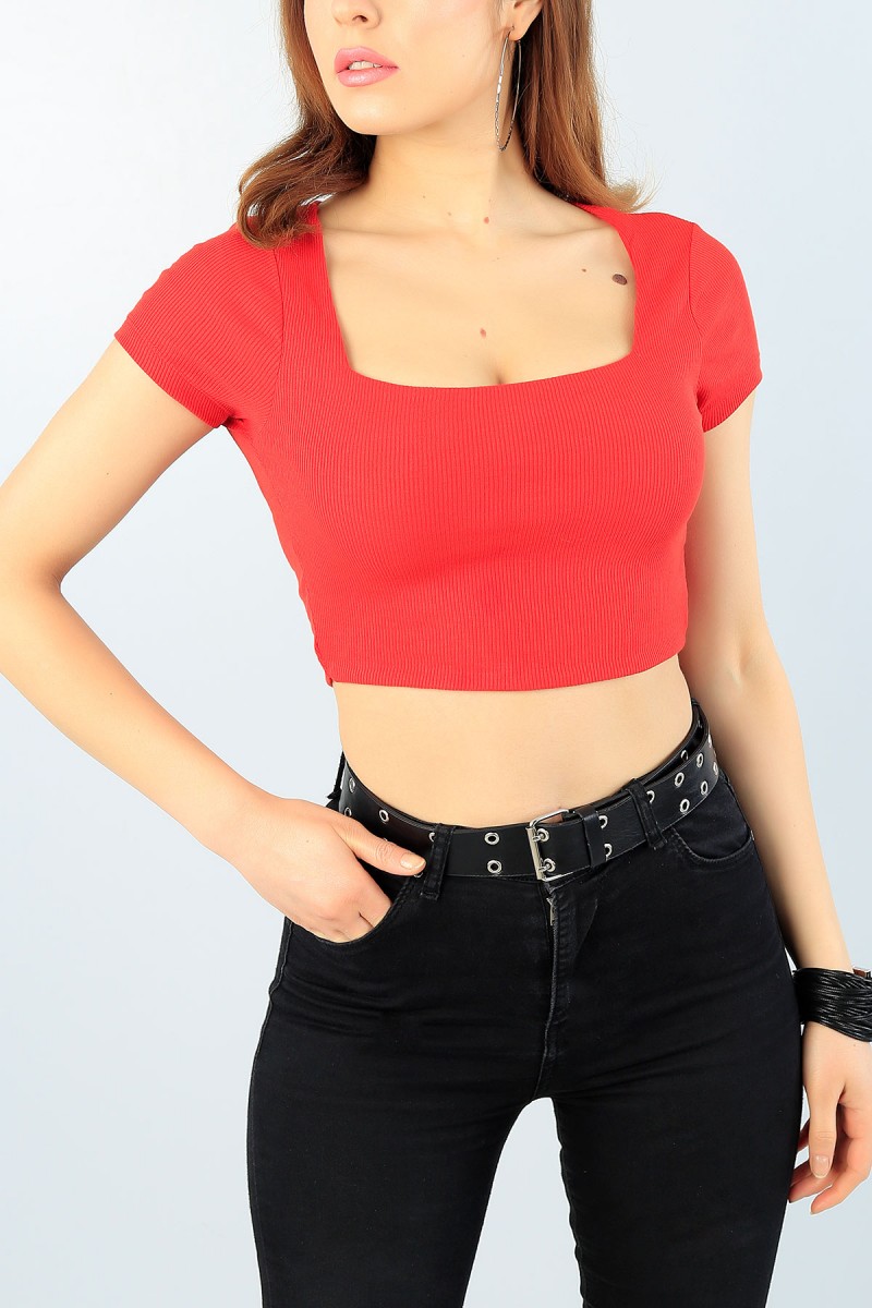 Kırmızı Fitilli Bayan Crop Tişört 60642