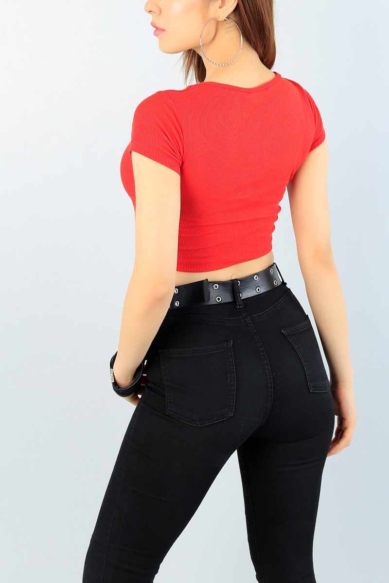 Kırmızı Fitilli Bayan Crop Tişört 60642