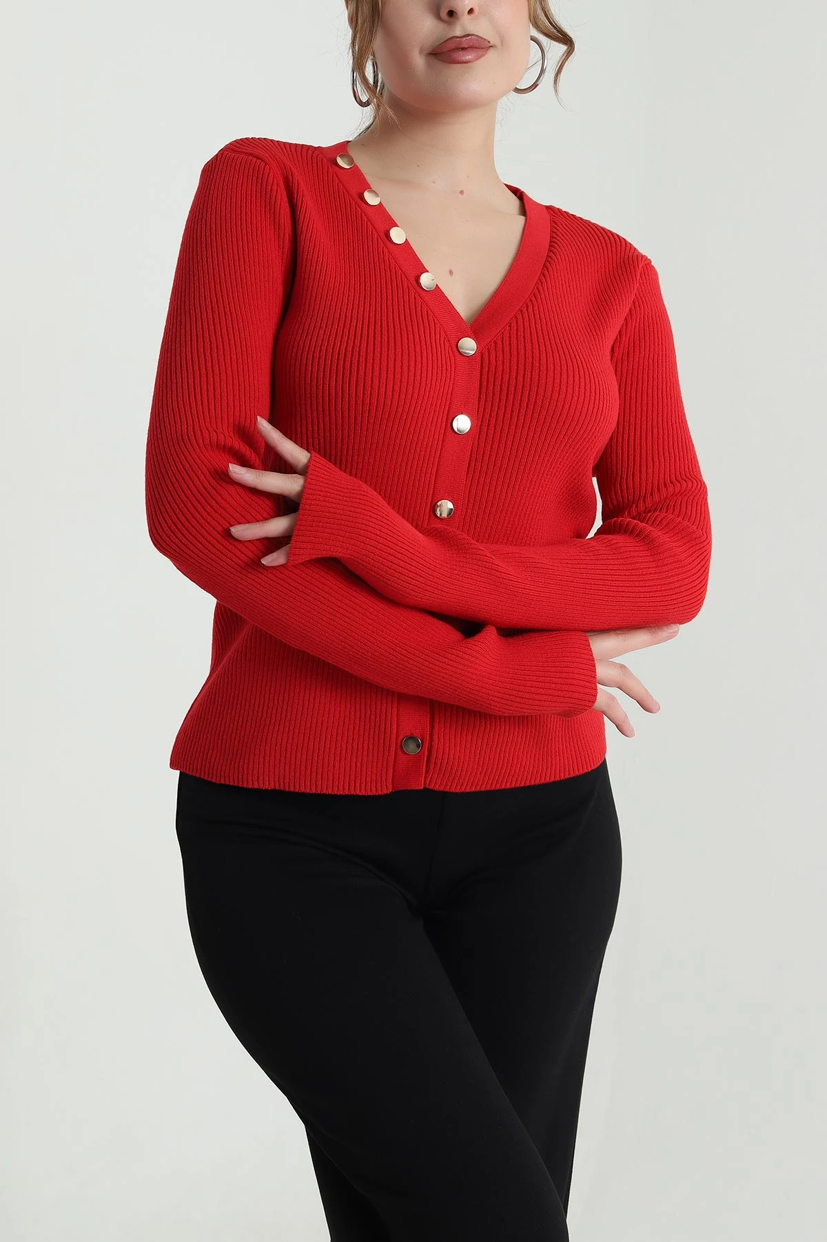 Kırmızı Fitilli Düğmeli Kadın Triko Hırka 483835