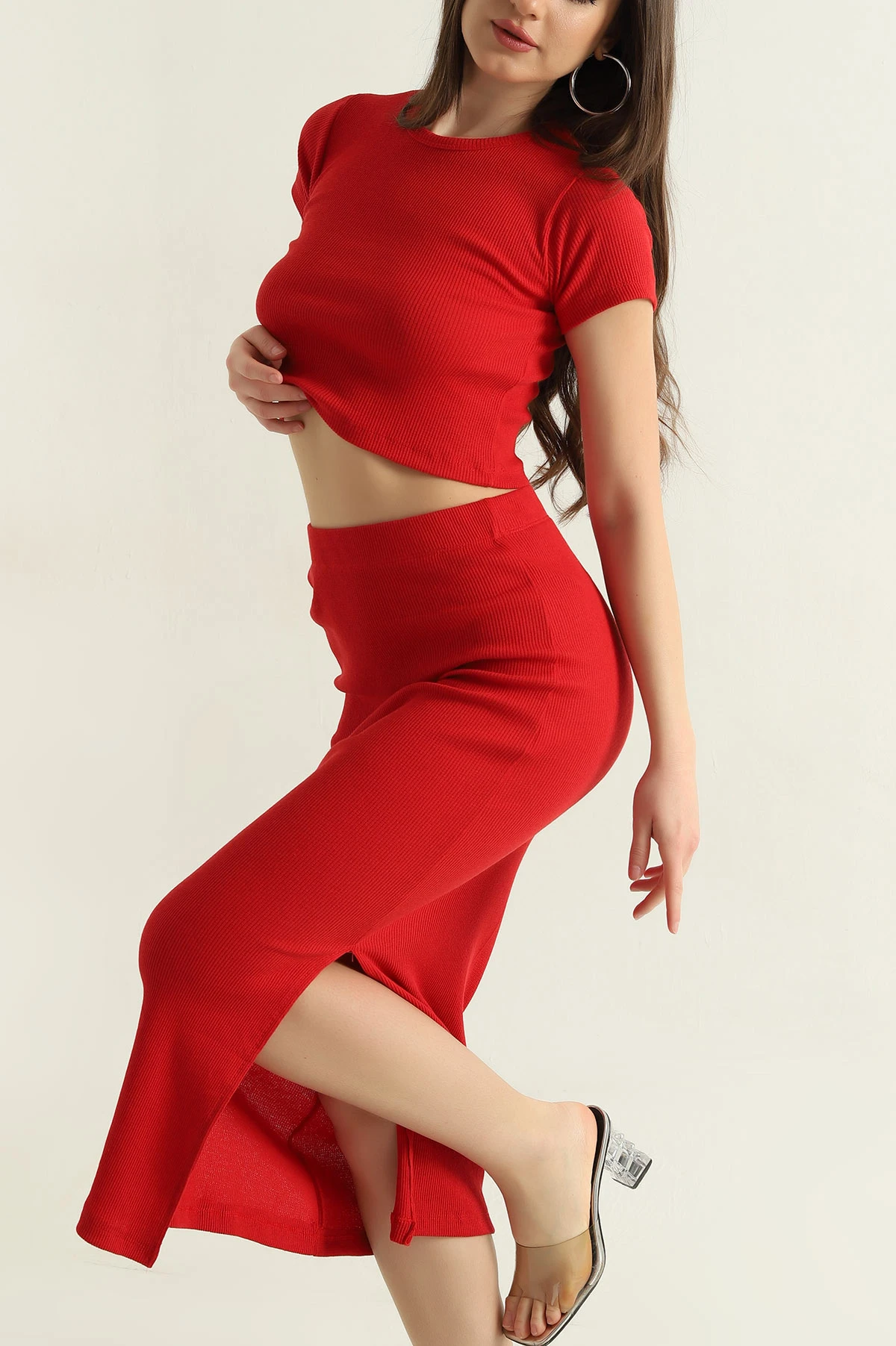 Kırmızı Fitilli Likralı Bluz Etek Kadın İkili Takım 362498