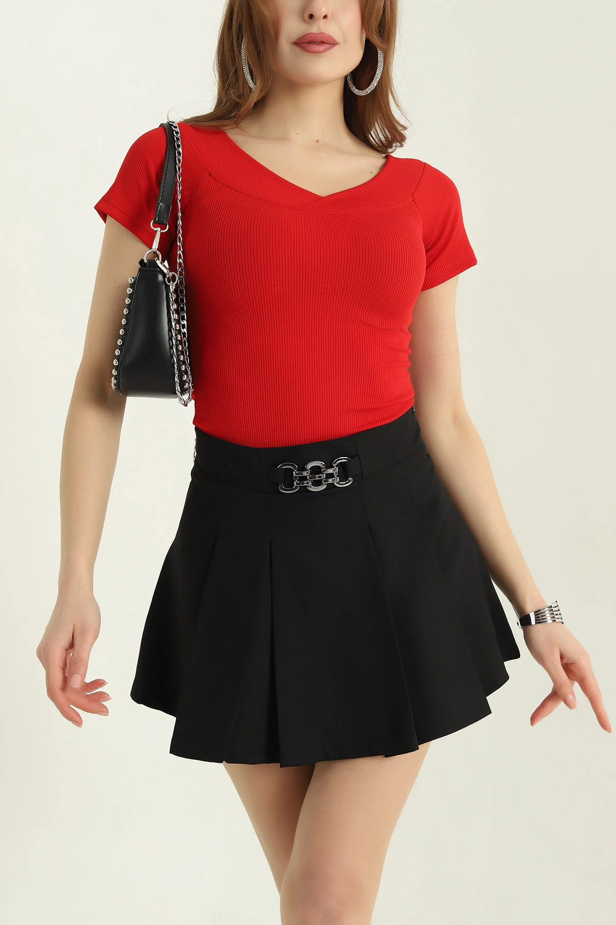 Kırmızı Fitilli Likralı Kısa Kol Bluz 336264