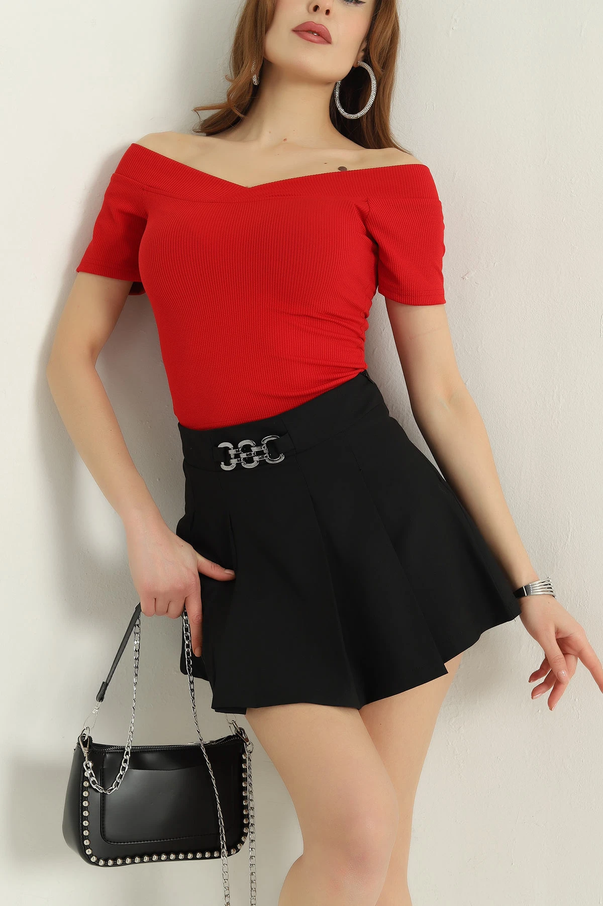 Kırmızı Fitilli Likralı Kısa Kol Bluz 336264
