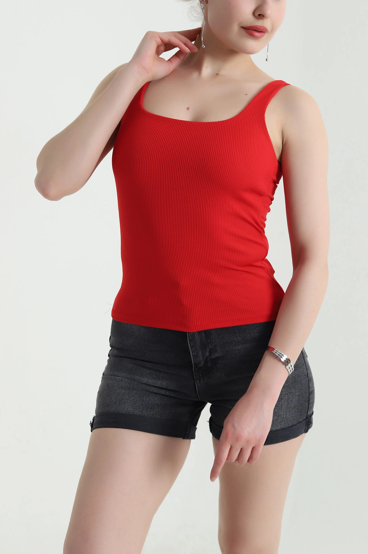 Kırmızı Fitilli Likralı Kolsuz Kadın Bluz 454446