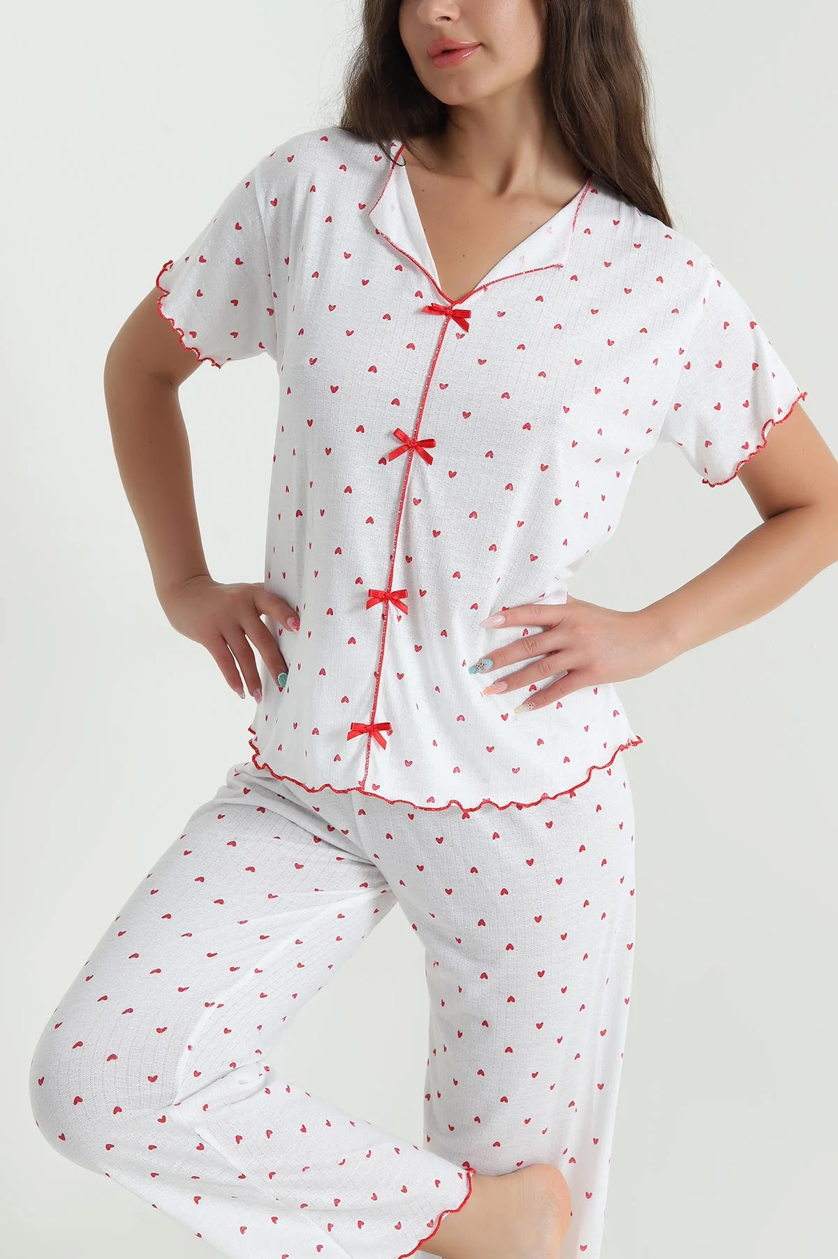 Kırmızı Fiyonk Detay Kadın Pijama Takımı 467256