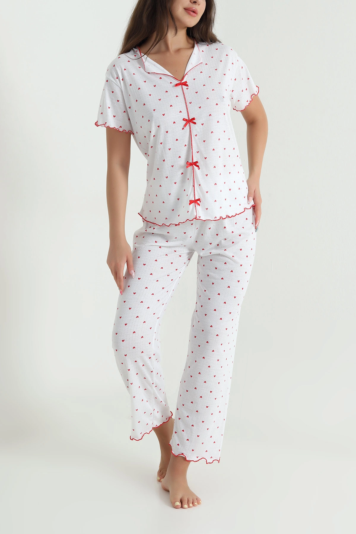 Kırmızı Fiyonk Detay Kadın Pijama Takımı 467256