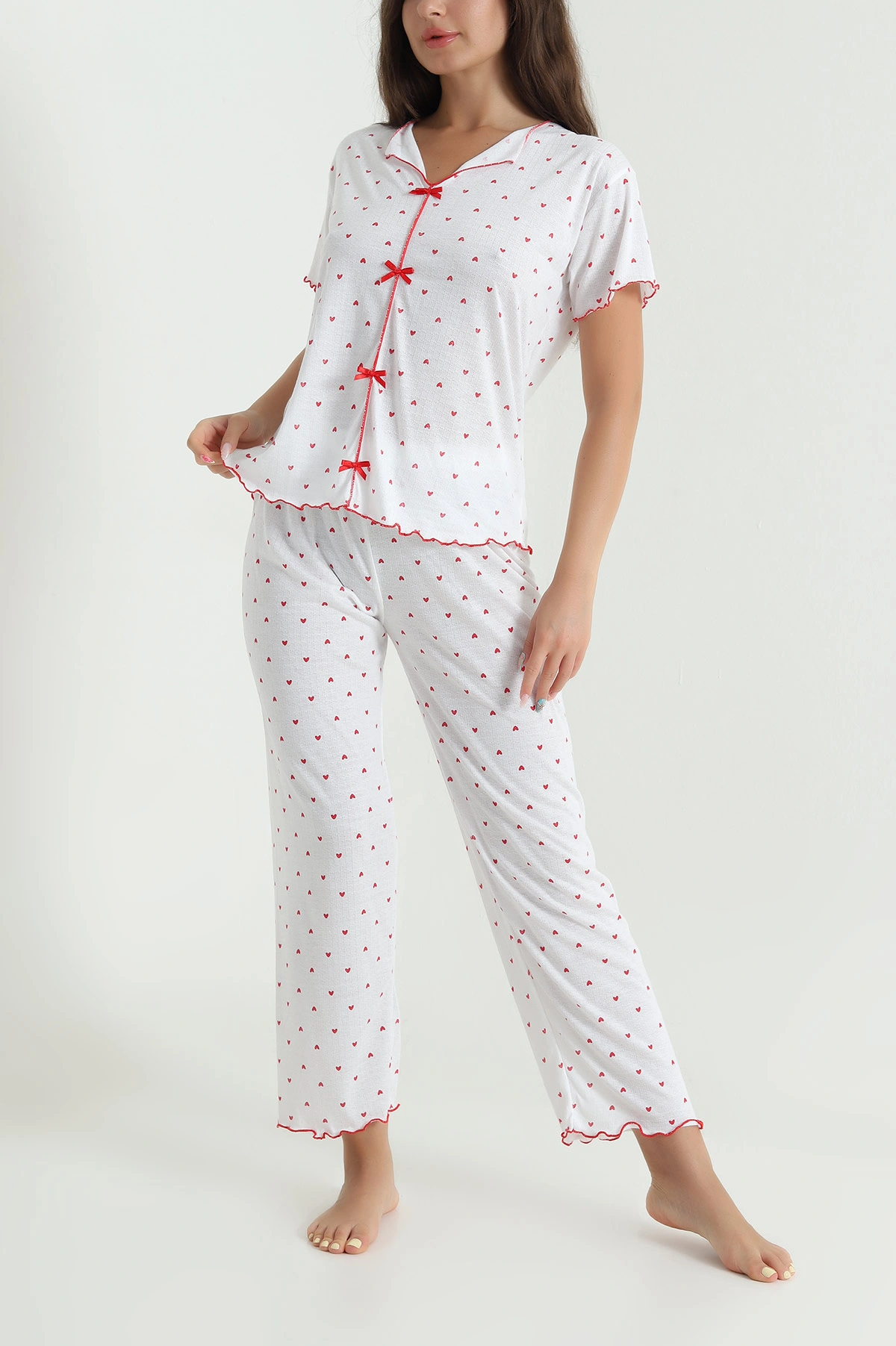 Kırmızı Fiyonk Detay Kadın Pijama Takımı 467256