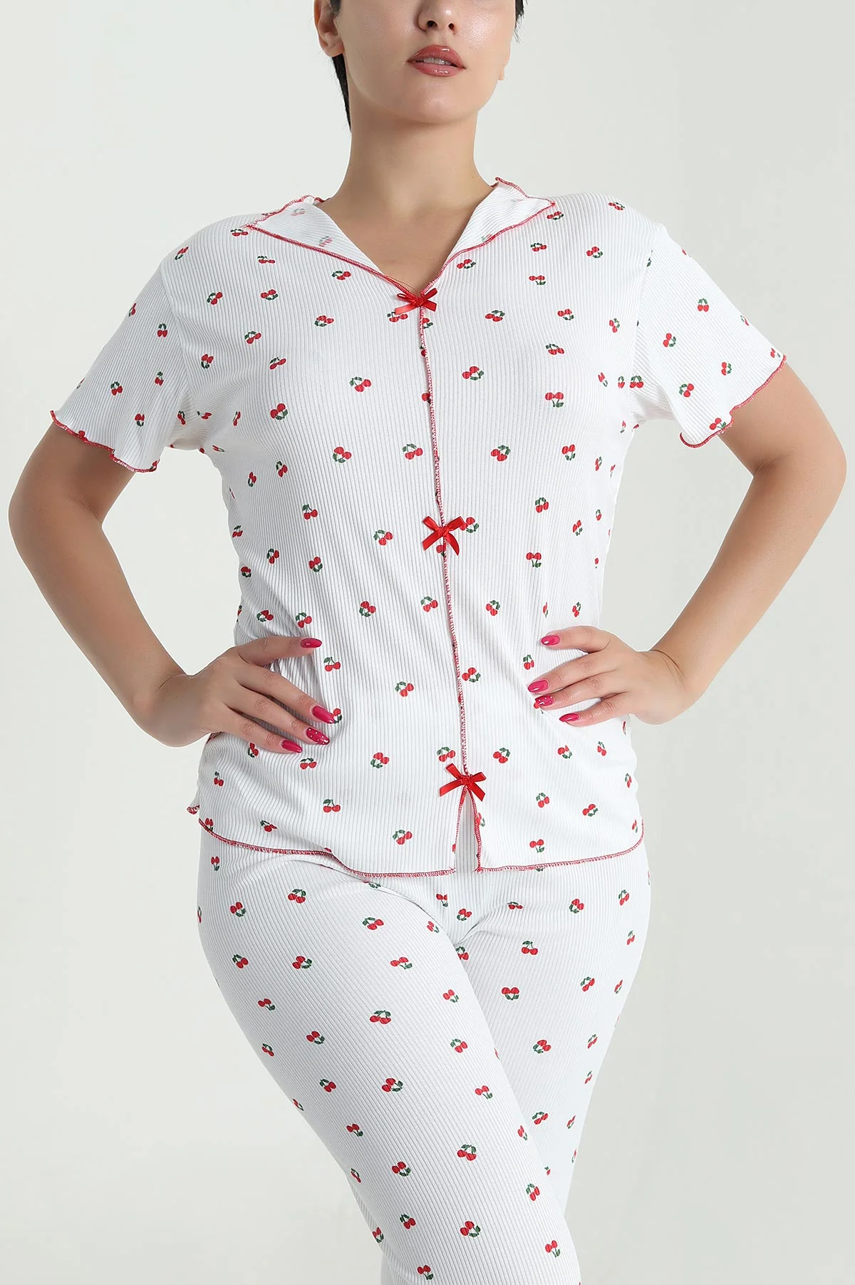 Kırmızı Fiyonklu Kaşkorse Kadın Pijama Takımı 476186