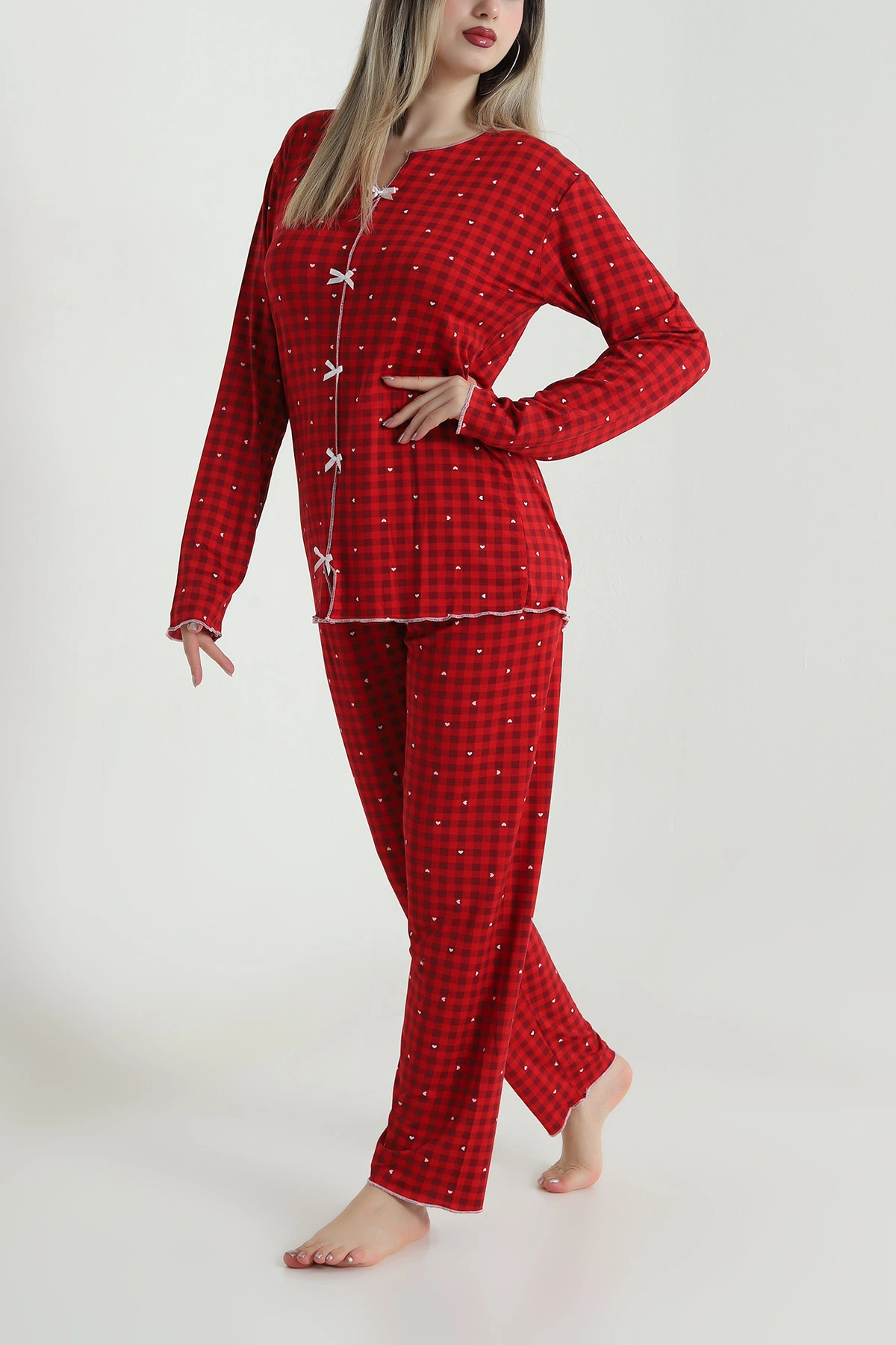 Kırmızı Fiyonklu Soft Süet Kadın Pijama Takımı 488906