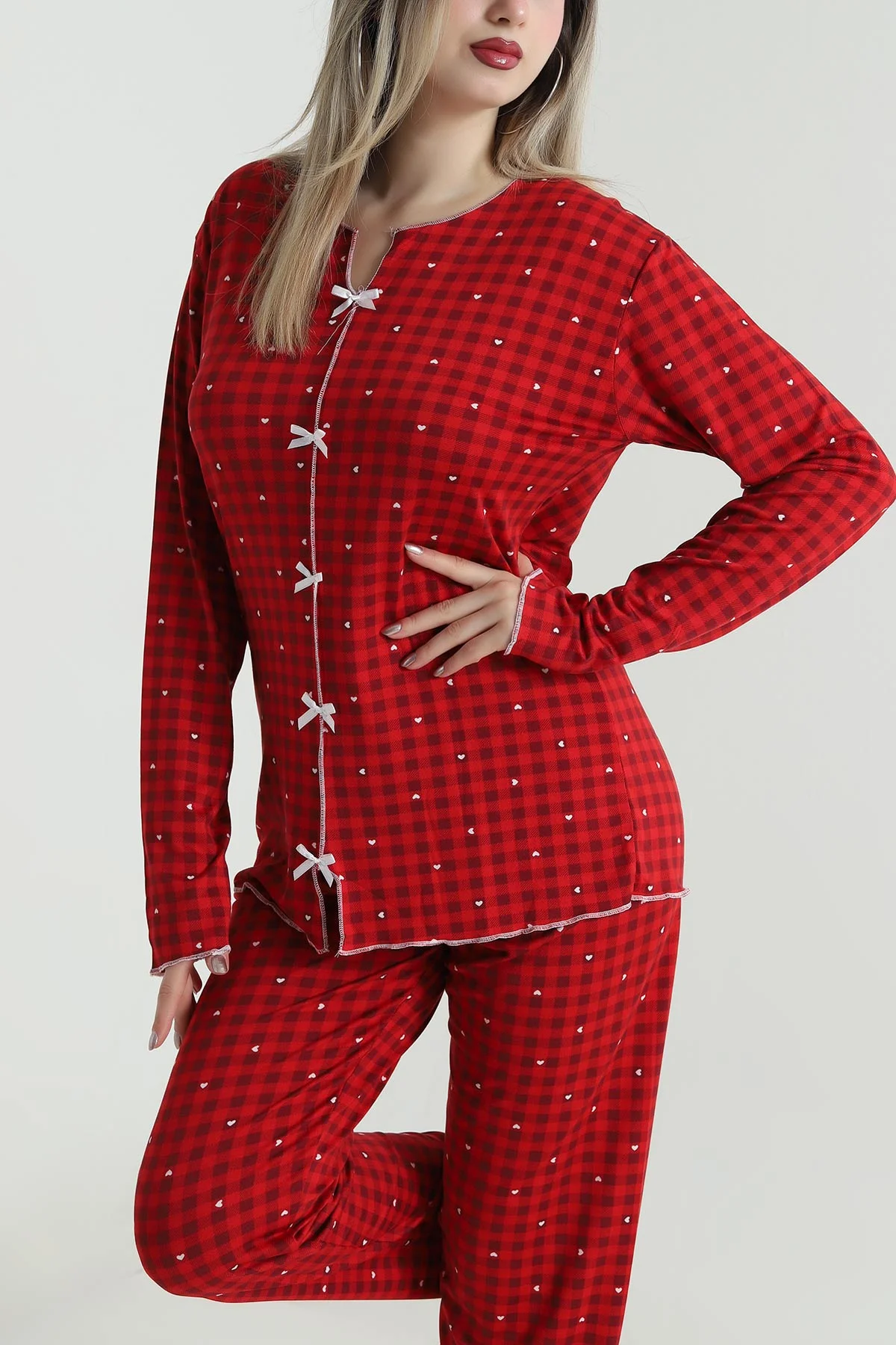 Kırmızı Fiyonklu Soft Süet Kadın Pijama Takımı 488906