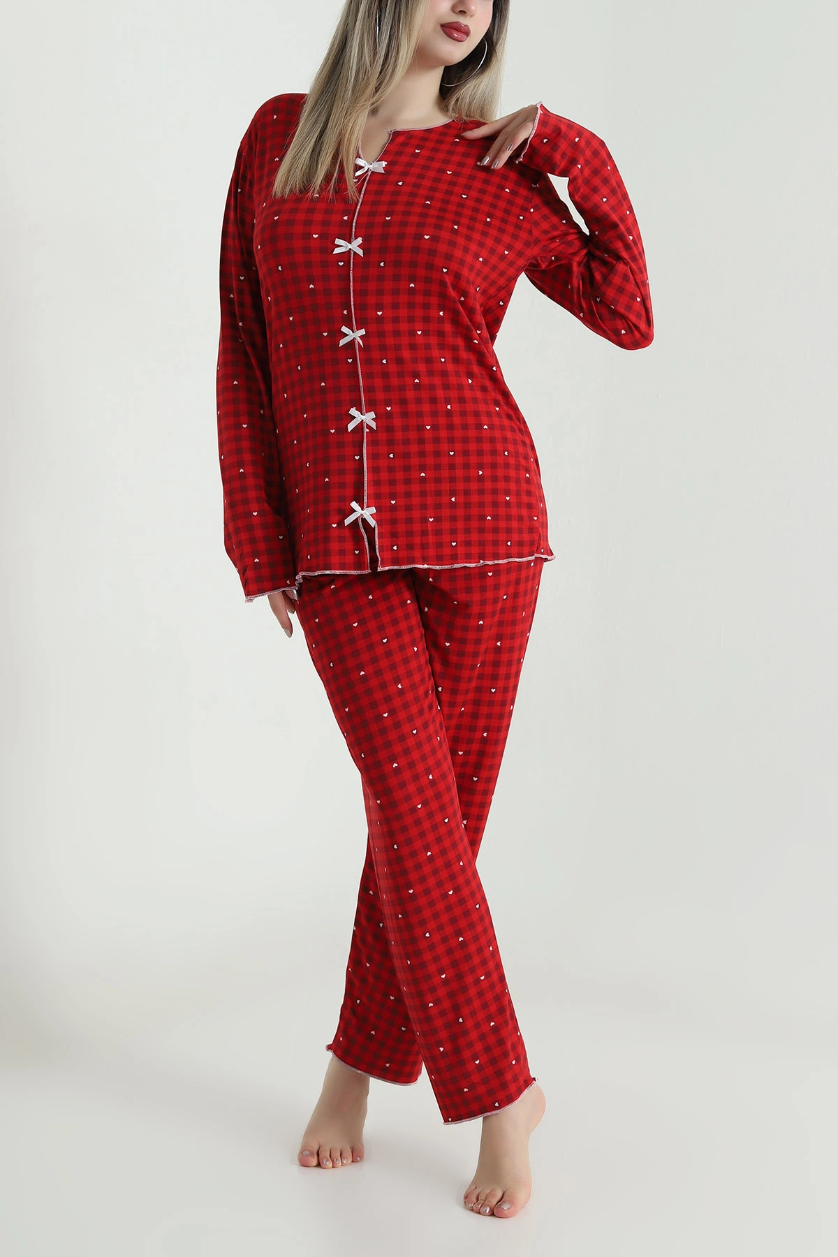Kırmızı Fiyonklu Soft Süet Kadın Pijama Takımı 488906