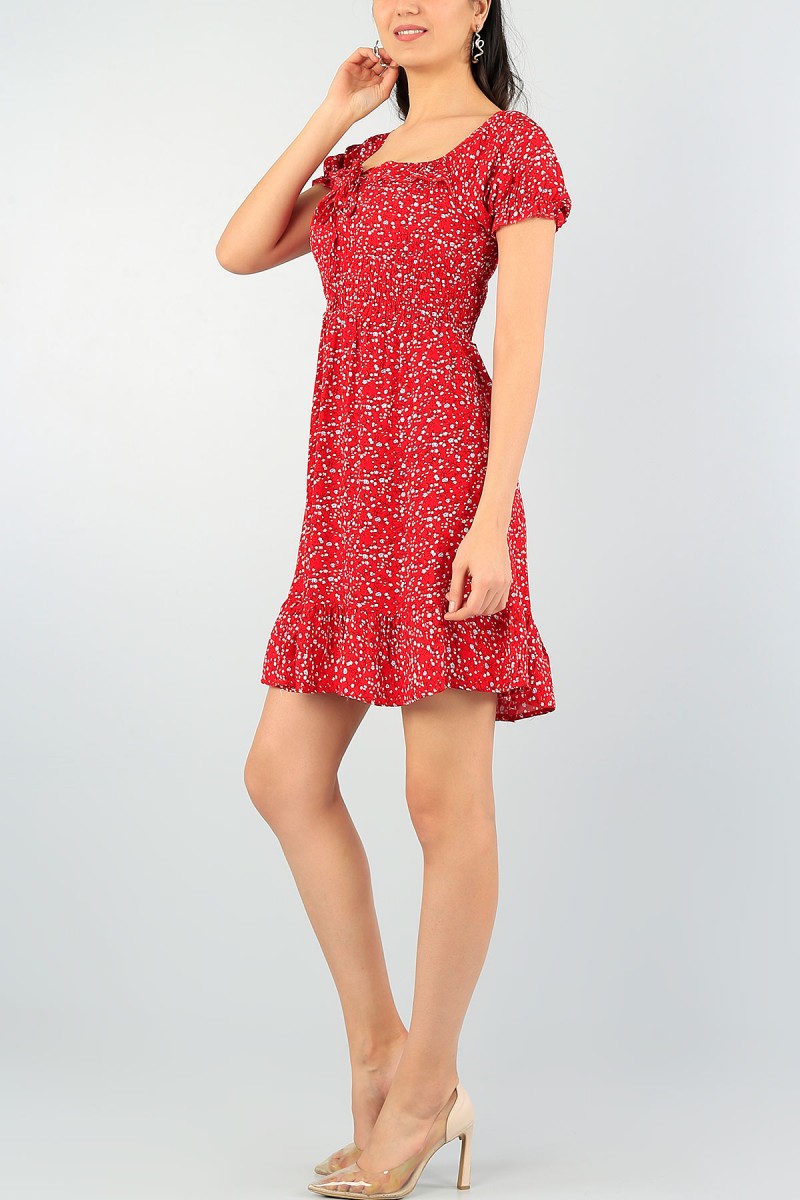 Kırmızı Gipeli Tasarım Mini Dokuma Elbise 58940