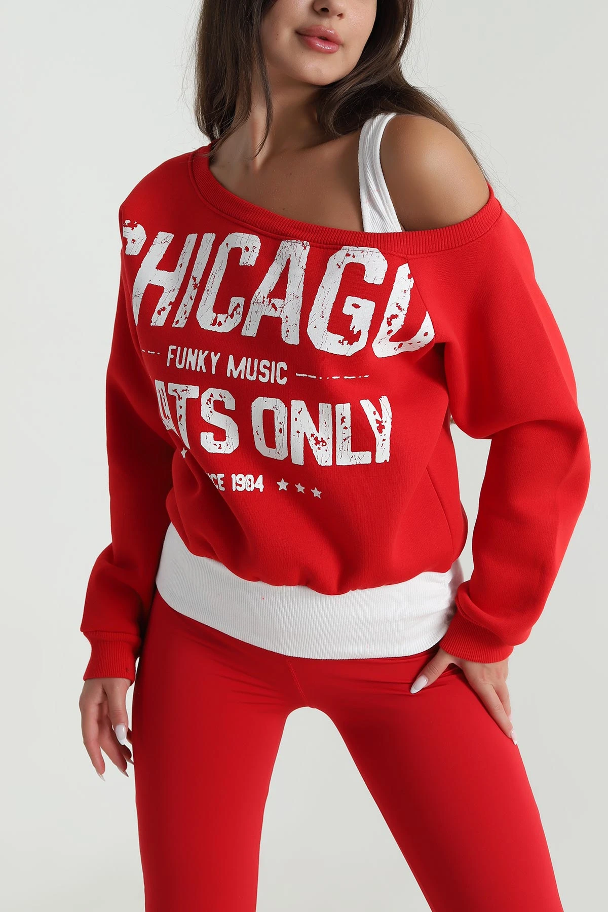 Kırmızı İç Atletli Şardonlu Kadın Sweat 489130