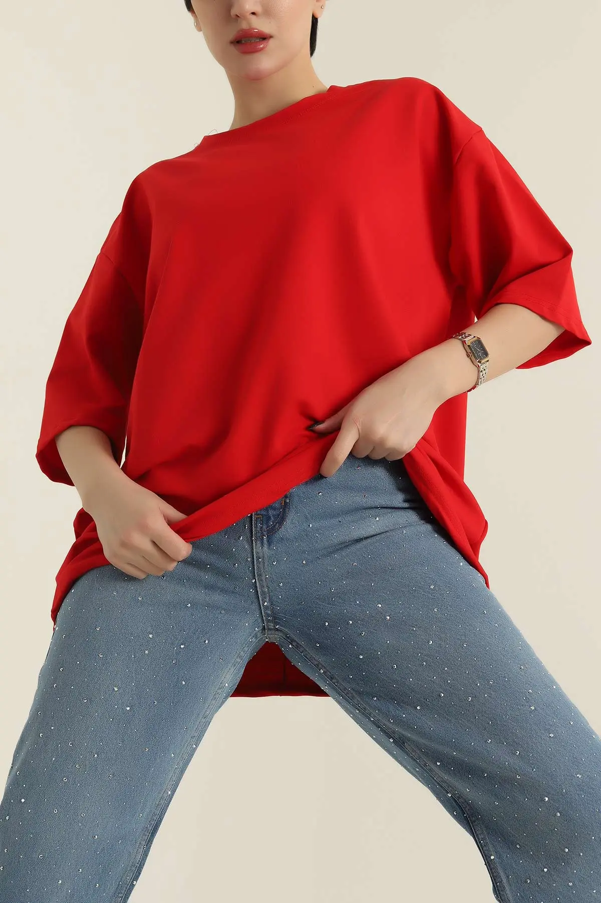 Kırmızı İki İp Bisiklet Yaka Kadın Oversize Tişört 423910