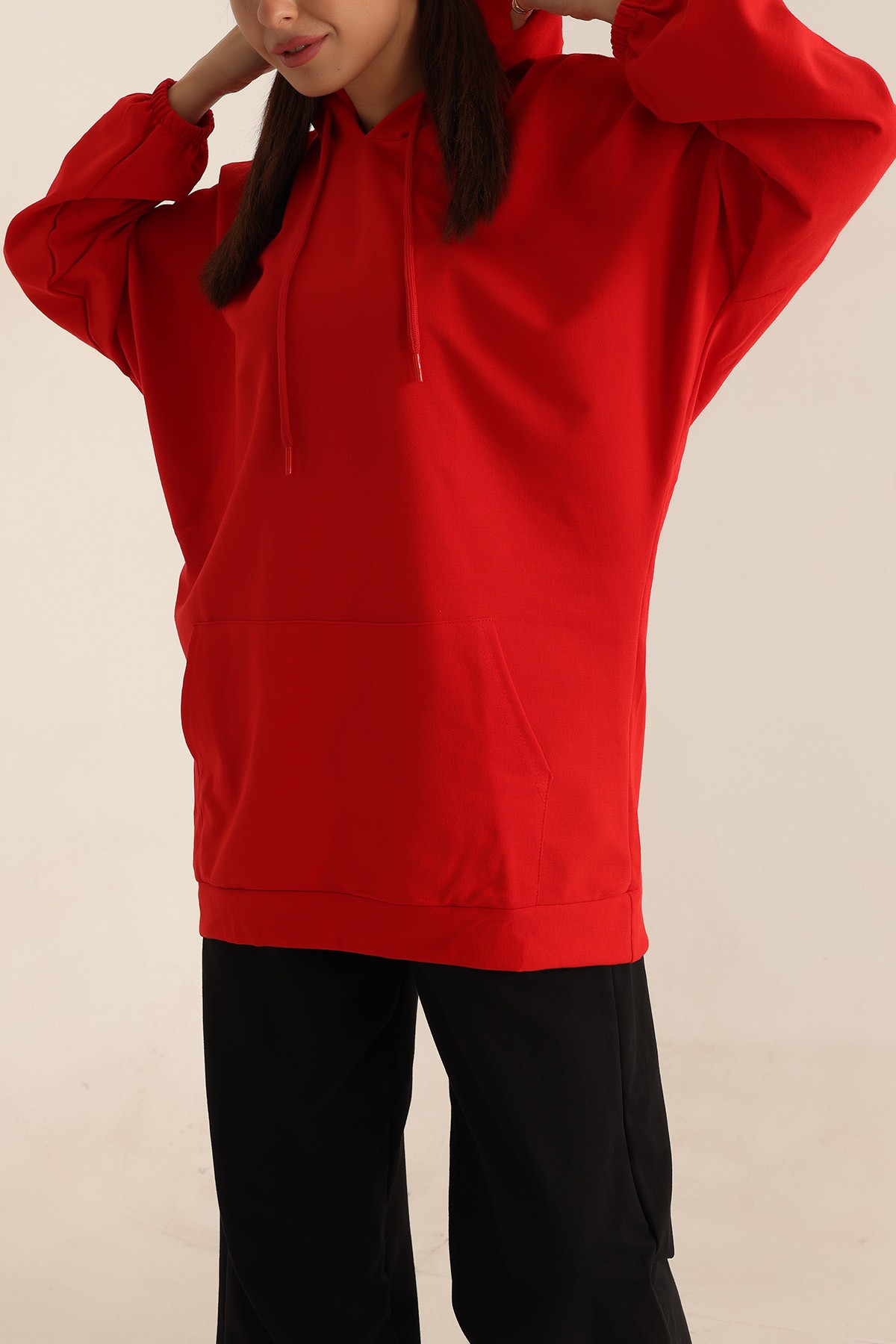 Kırmızı İki İp Kapşonlu Sweat Tunik 198417